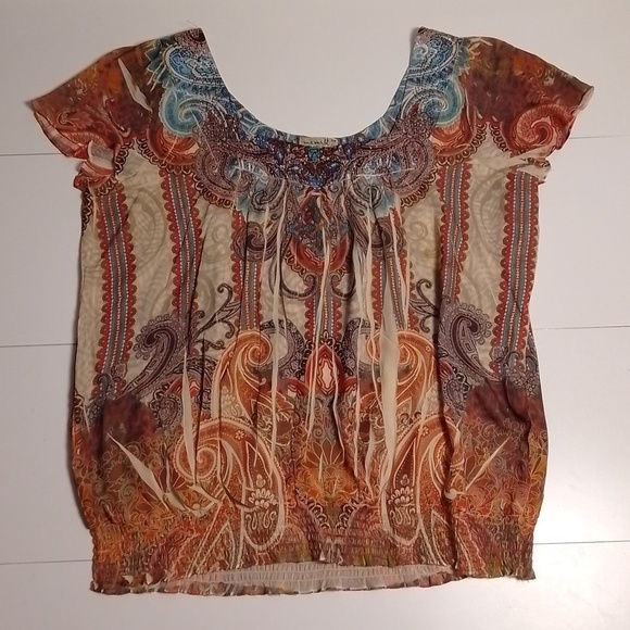 One world size 2x flutter sleeve earth tones boho elastic waist square neckline - Picture 1 of 6